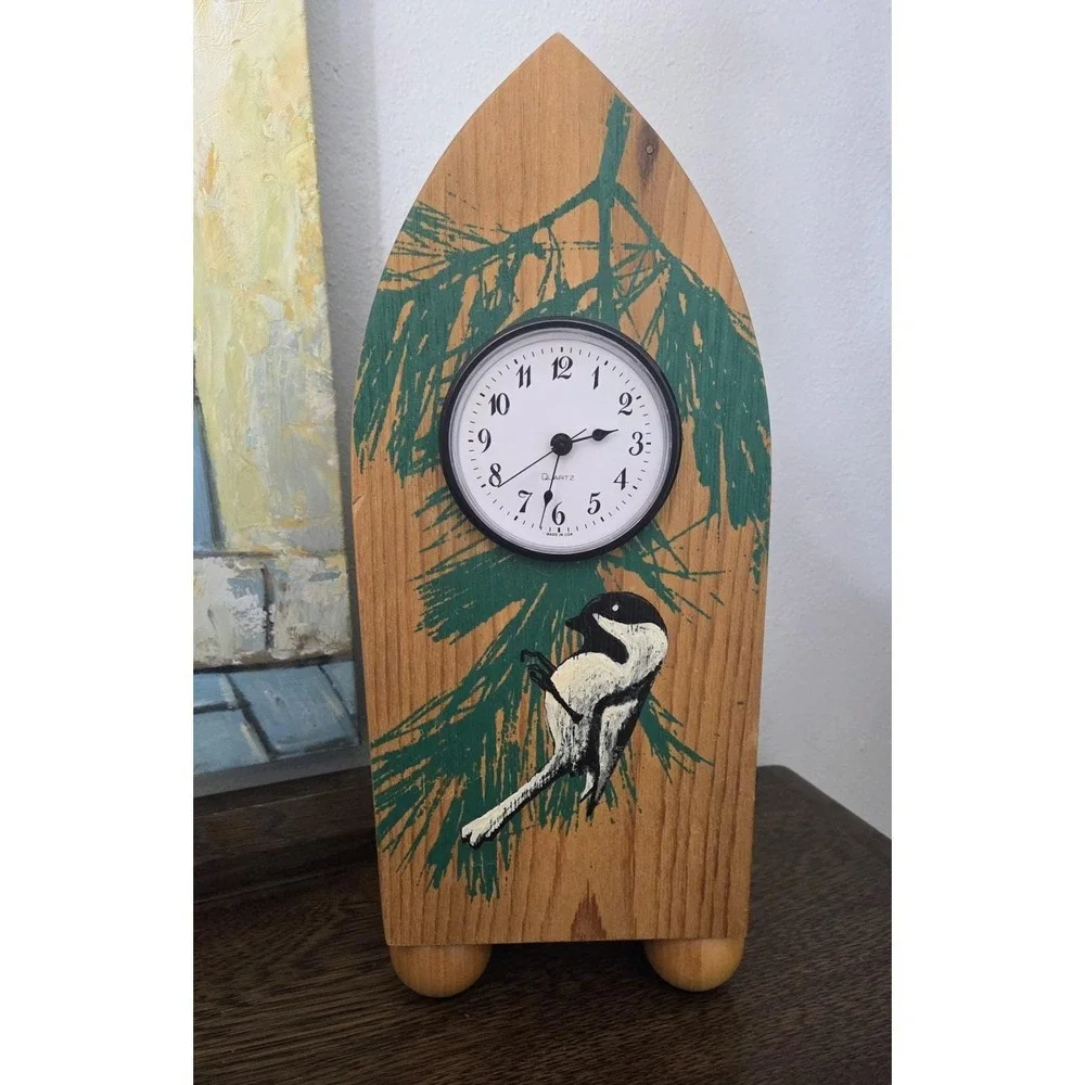 Wooden Clock Handcrafted Alan Buss Chickadee‎ Pine Bough Handcrafted Handpainted
